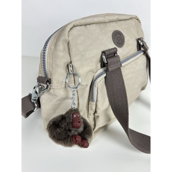 Kipling Tan/Brown Neutral Satchel Shoulder Bag With Monkey Charm EUC - Picture 5 of 6